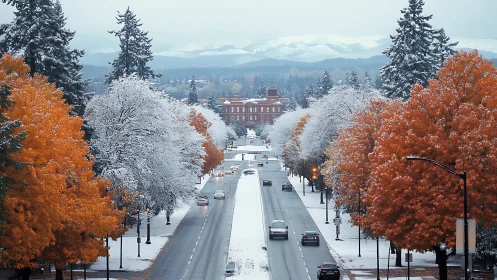 Urban boulevard framed by snowy trees and autumn foliage.