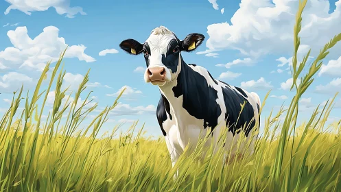Holstein dairy cow in stylized summer meadow illustration.