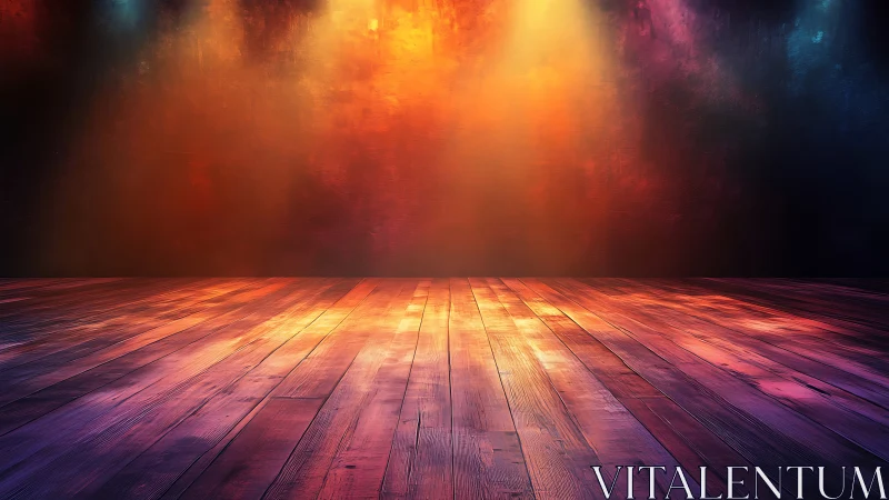 Empty wooden stage glows under dramatic colorful lights