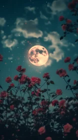 Full Moon Rises Above Nocturnal Rose Garden