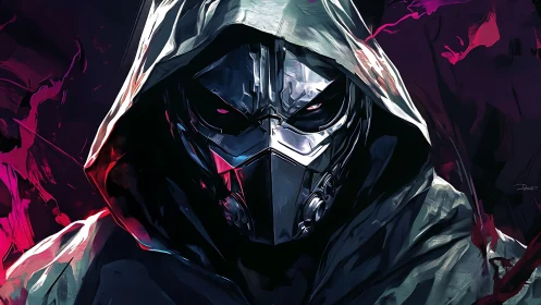 Hooded cybernetic assassin portrait with reflective metal mask