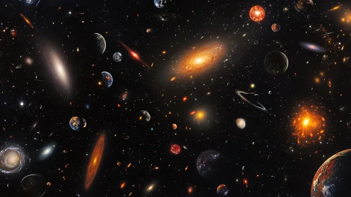 Multiverse starfield with galaxies, exoplanets, nebular flares rendered