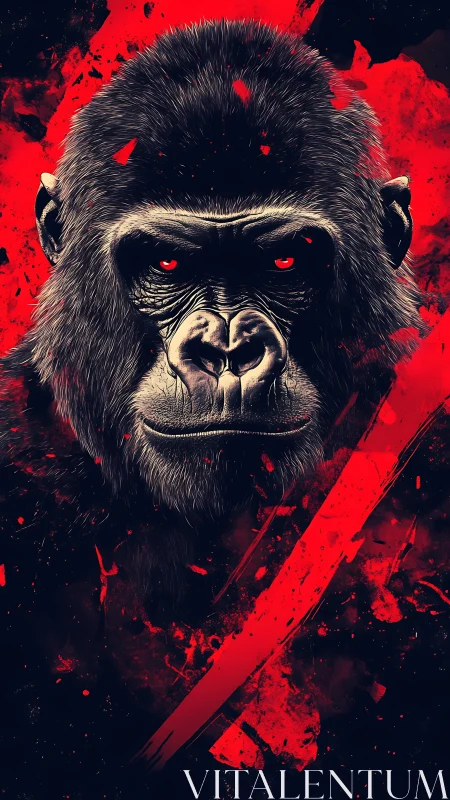 Gorilla portrait with crimson splatter and intense red gaze.