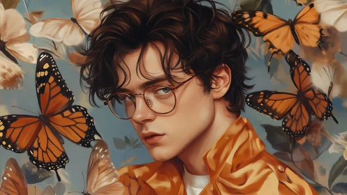 Butterfly-crowned youth in golden jacket, soft painterly glow.