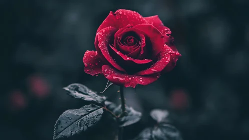 Red Rose with Water Droplets on Dark Background