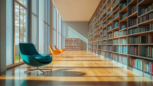 Digital library interior with linear perspective lighting design.