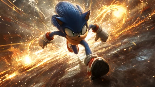 Blue speedster charges through molten light trails in motion.