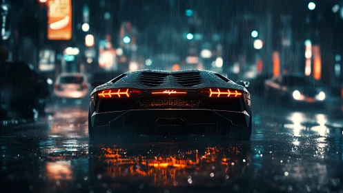 Rain-soaked supercar rear view in neon-illuminated wet street.