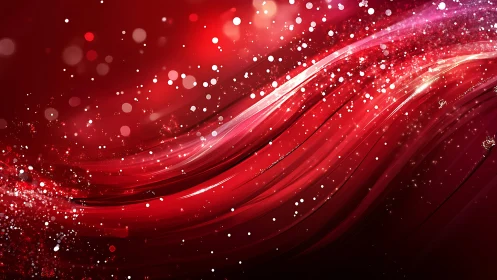 Vibrant red abstract waves with glowing sparkles, digital art.