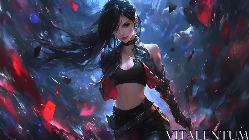 Dark-haired cyber warrior emerges amid shattering energy shards.