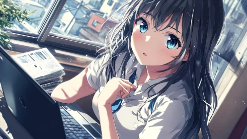 Anime schoolgirl sits at laptop beside window in bright room