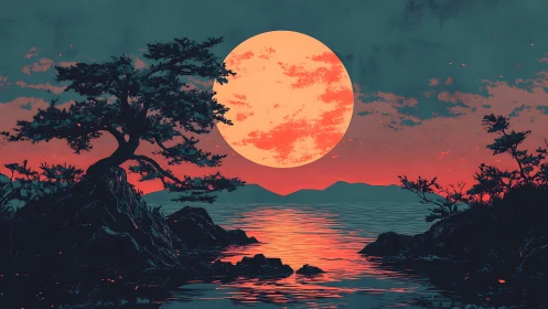 Oversized crimson moon dominates stylized coastal silhouette at dusk