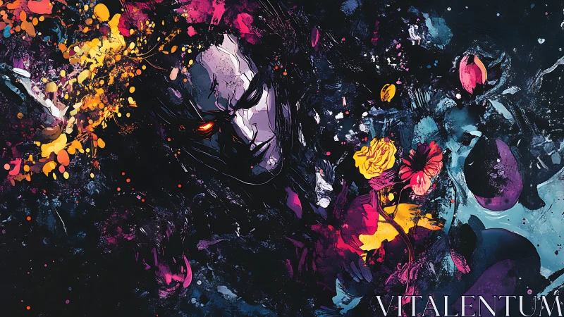 Dark spectral figure submerged in explosive neon bloom