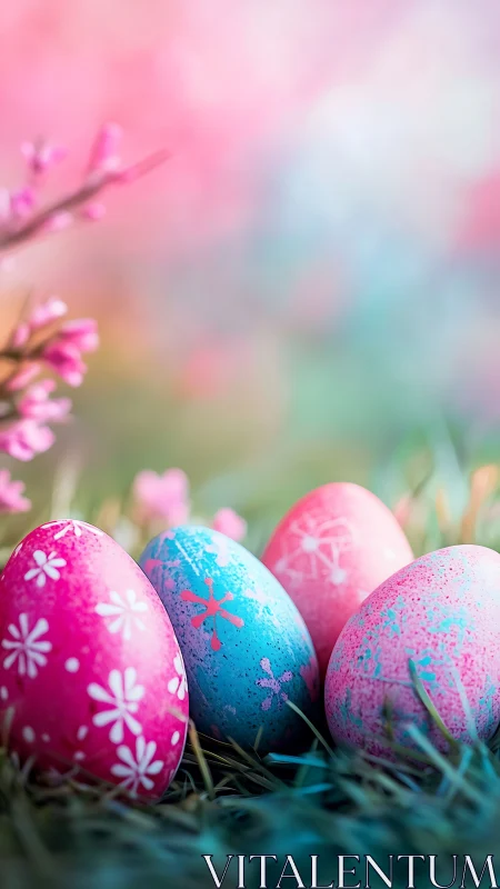Pastel spring eggs resting in dreamy floral meadow light.