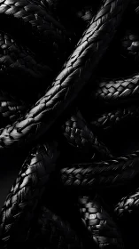 Interwoven black braided ropes form dense curved structure