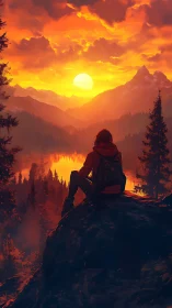 Hiker on rocky outcrop facing mountain lake sunset sky.