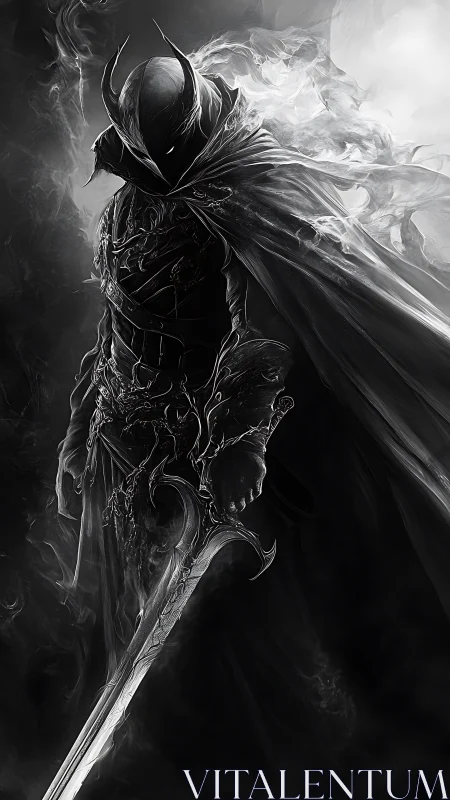 Shadow-cloaked knight wandering through swirling moonlit mist.