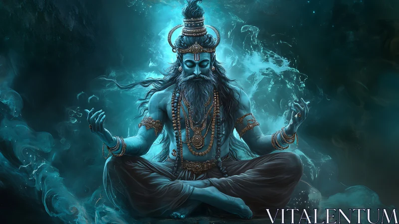Meditating blue deity emanates ethereal cosmic energy