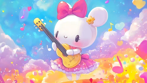 Sparkling bunny idol strums golden guitar in pastel sky.
