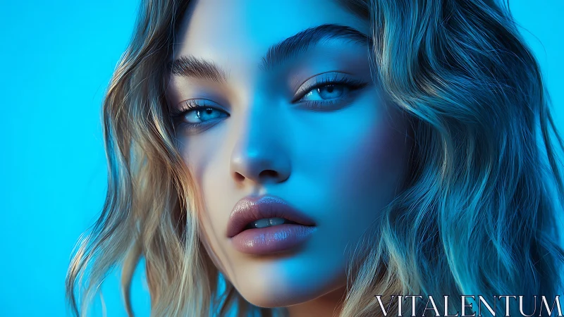 Iridescent blue portrait of woman in luminous close-up.