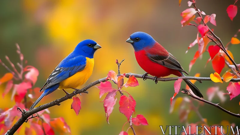 Two Colorful Songbirds on Autumn Branch in Vivid Nature Scene.