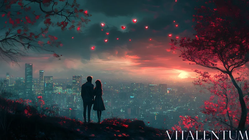 Couple watches sunset over neon-lit cityscape with red flowering trees.