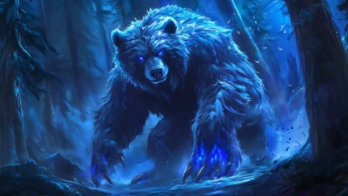 Glowing blue spectral bear stalking through dark forest.