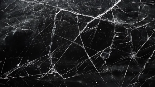 Fractured black glass surface reveals complex radial crack network