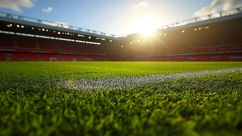 Low-angle sunlit football pitch foreground shows turf microtexture