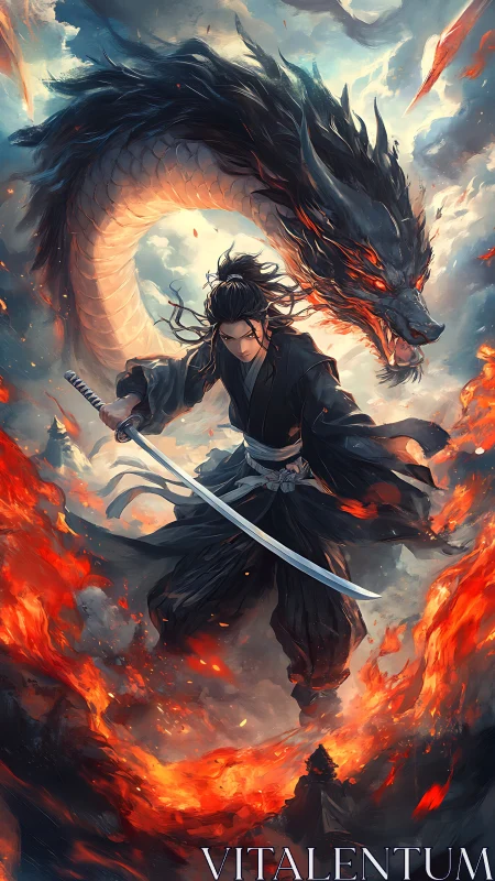 Stormlit samurai and fire dragon circling through the sky.