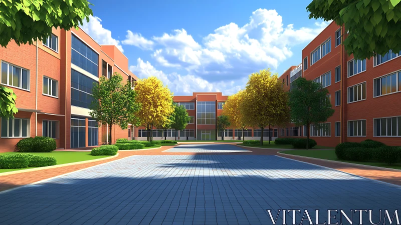 Sunlit brick campus quad breathing quiet weekday optimism.