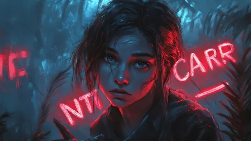 Neon-lit girl portrait under moody blue and red glow.