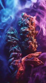 Dreamy neon herbs drifting through swirling twilight smoke.