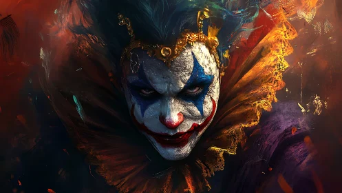 Menacing painted clown face in fiery dramatic lighting.