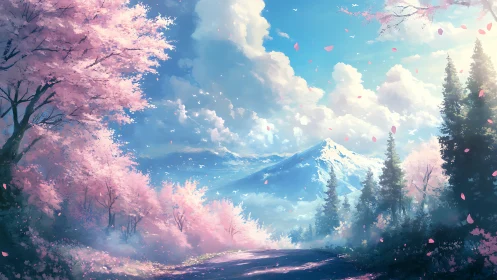 Sakura-lined alpine valley under volumetric spring atmosphere.