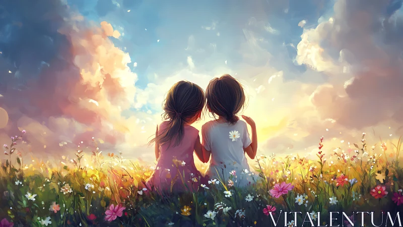 Two figures seated in wildflower meadow with dramatic atmospheric volumetric cloud rendering