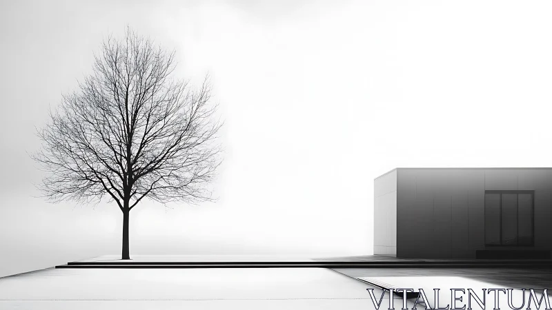 Bare tree and minimalist building in monochromatic architectural landscape.