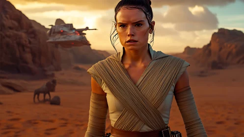 Determined sci-fi heroine walking through desert canyon