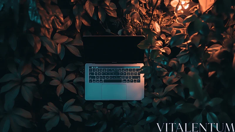 Laptop rests in moody foliage blending technology and nature