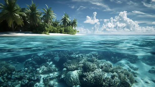 Tropical Island Paradise. Coral Reef Underwater Split View.