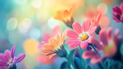 Digital rendering of colorful daisies with soft bokeh background.