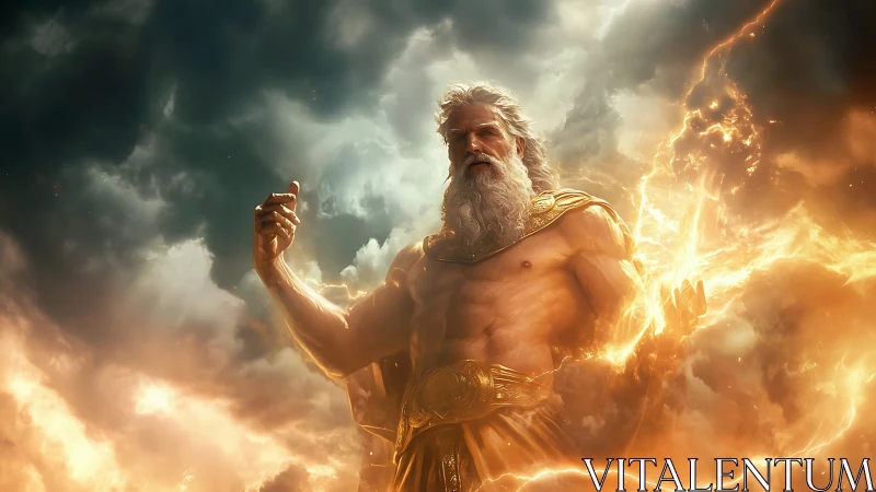 Mythic thunder god stands in glowing storm clouds.