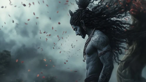 Stormlit warrior bows in quiet strength amid swirling leaves