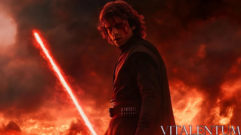 Sith warrior ignites red lightsaber amid blazing inferno.