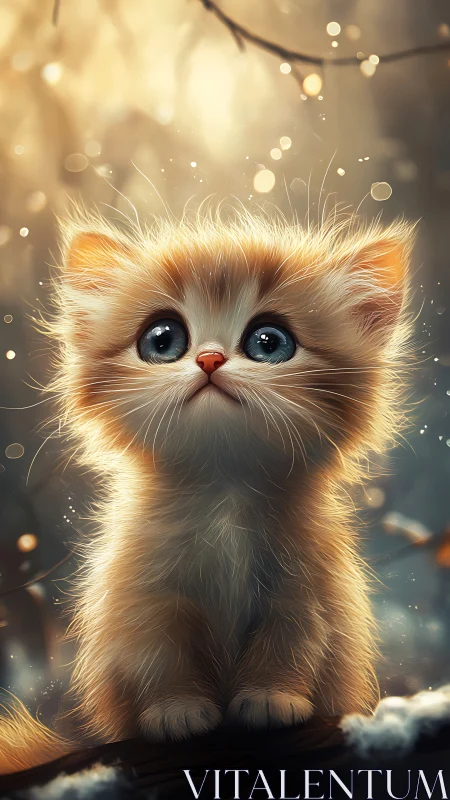 Fluffy Orange Kitten with Blue Eyes in Golden Light.