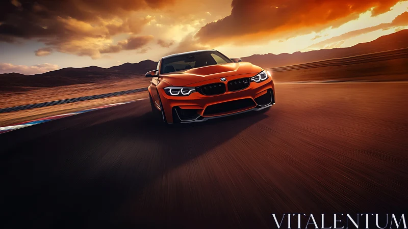 Orange BMW sports coupe powers through sunset racetrack curve