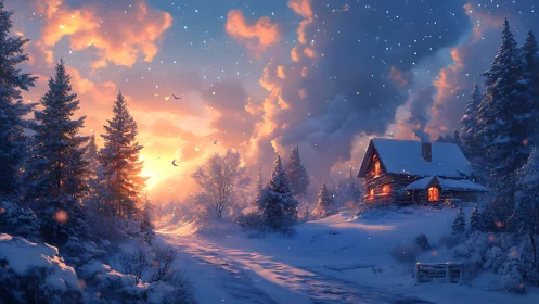 Snowy forest cabin under glowing winter sunset sky.
