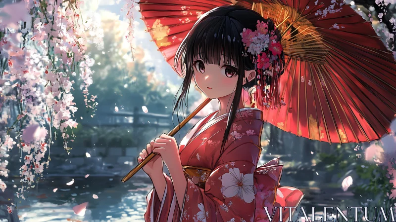 Anime girl in red kimono under wagasa beside spring river