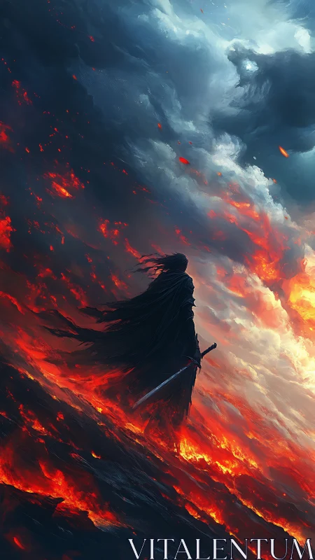 Lone dark warrior confronts stormlit fire in apocalyptic void