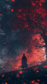 Lone wanderer beneath the burning crimson dreamtree.